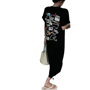 孕妇懒人中长款过膝T恤睡衣夏装纯棉宽松外穿短袖居家服连衣裙女