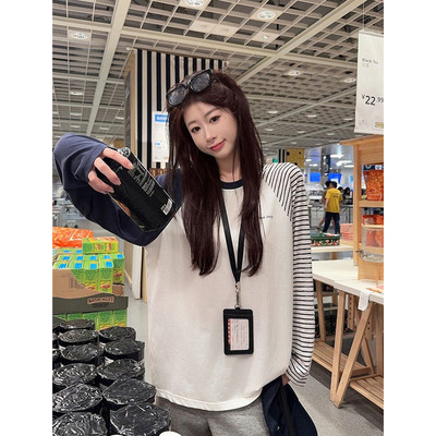 纯棉韩版撞色插肩袖长袖T恤女