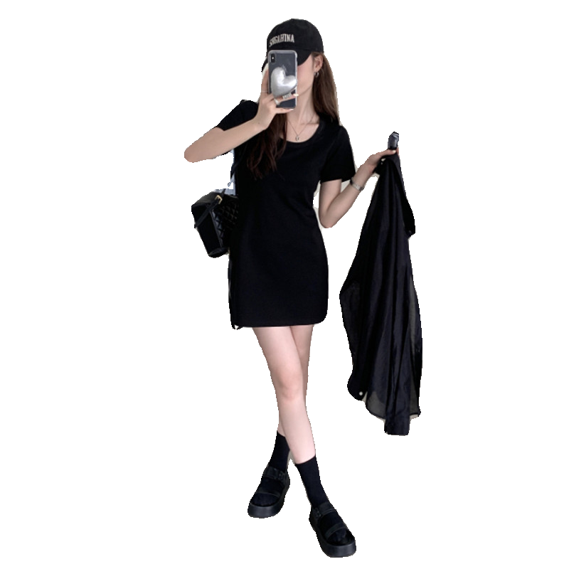 纯棉正肩圆领短袖T恤裙女夏韩版法式显瘦小个子辣妹包臀连衣裙子