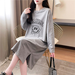 连衣裙子 宽松遮肉显瘦休闲长袖 纯棉中长款 卫衣裙懒人孕妇过膝大码