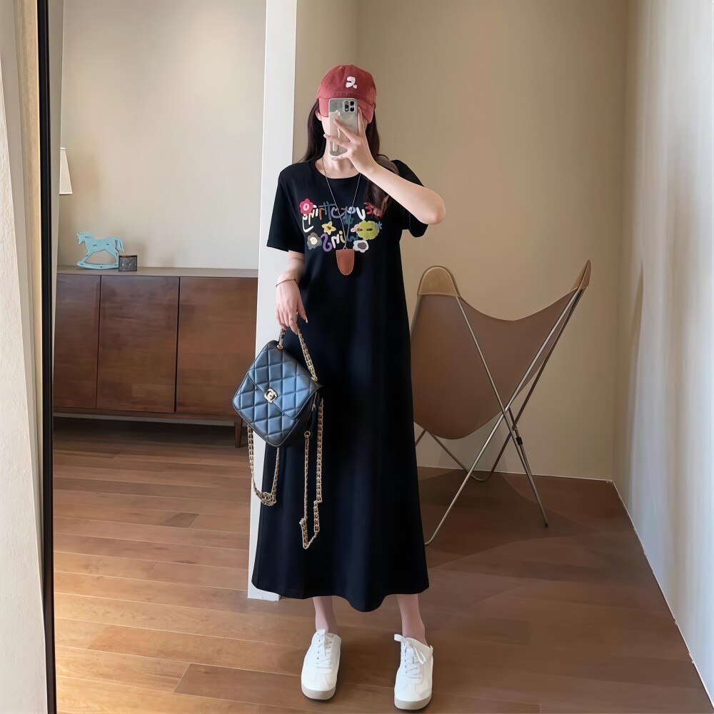慵懒时髦字母刺绣短袖T恤裙中长款纯棉孕妇连衣裙女2025夏季新款
