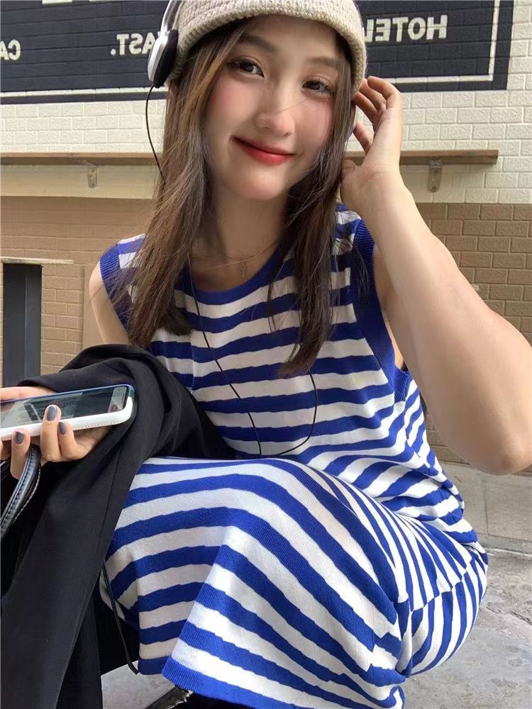无袖蓝色条纹背心连衣裙女夏季