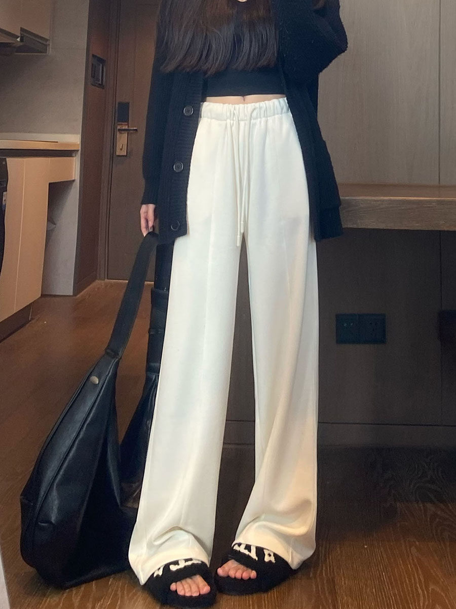 白色窄版阔腿裤女加绒加厚高腰垂感高级羊毛呢裤休闲直筒裤秋冬季