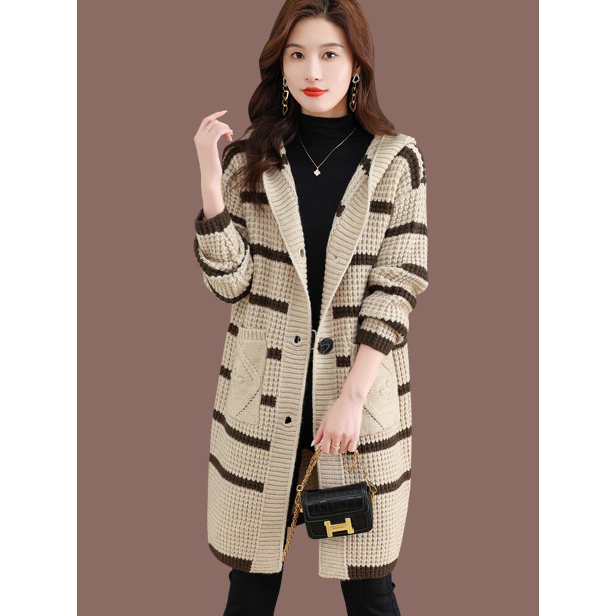 JOYIASS秋冬女中长款连帽粗线毛衣外套洋气针织开衫外搭披肩百搭