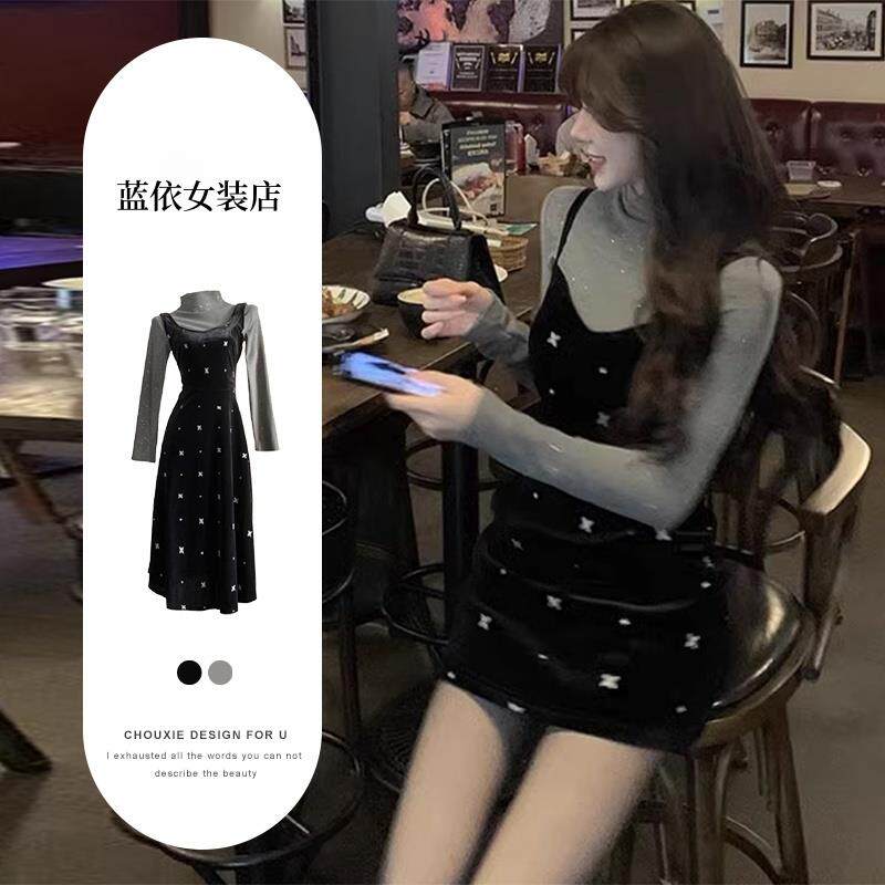 RIERA法式黑色刺绣丝绒背心连衣裙女早秋气质收腰修身小香风吊带
