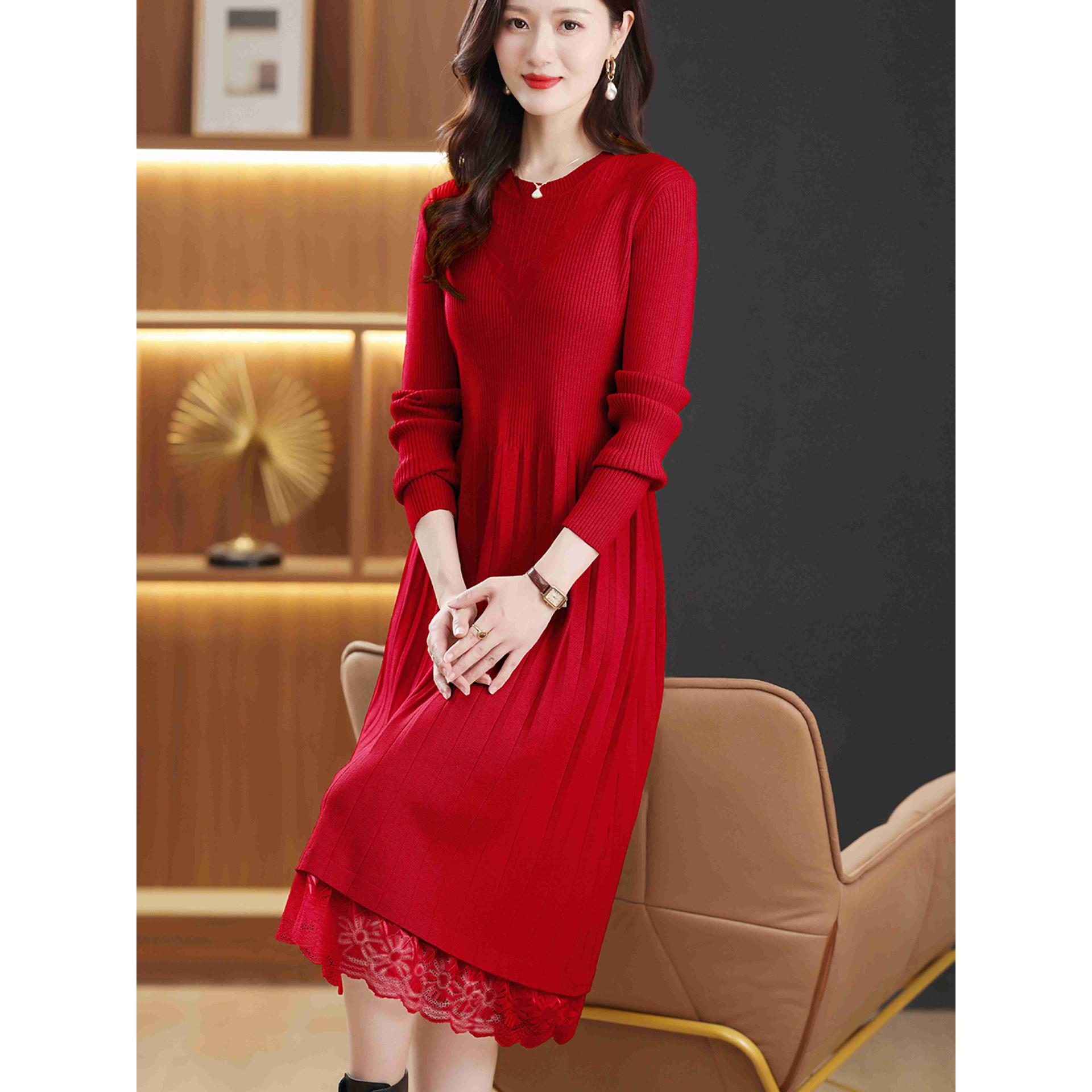JOYIASS2025新款秋冬季蕾丝边超好看针织连衣裙女配大衣的内搭打
