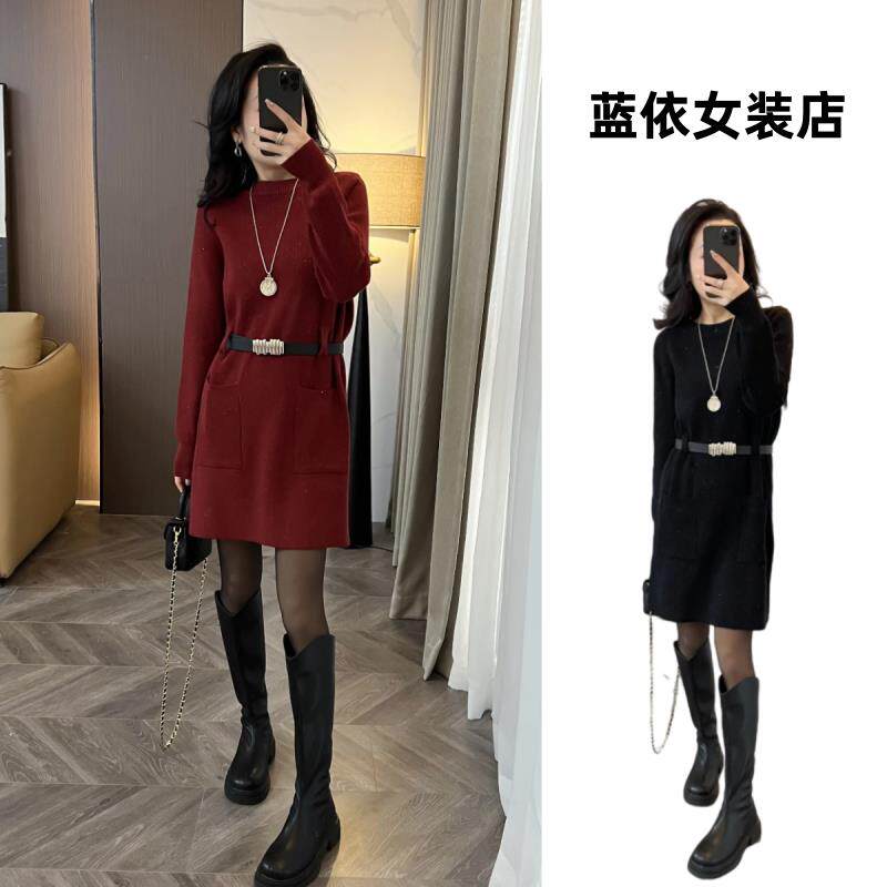 RIERA欧洲站法式慵懒风红色毛衣裙女2025年秋冬新款气质打底针织