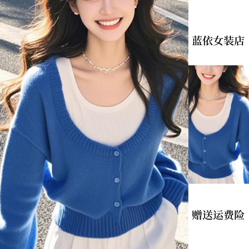 RIERA蓝色假两件设计感针织毛衣女款2025新款深秋初冬穿搭酷飒拽