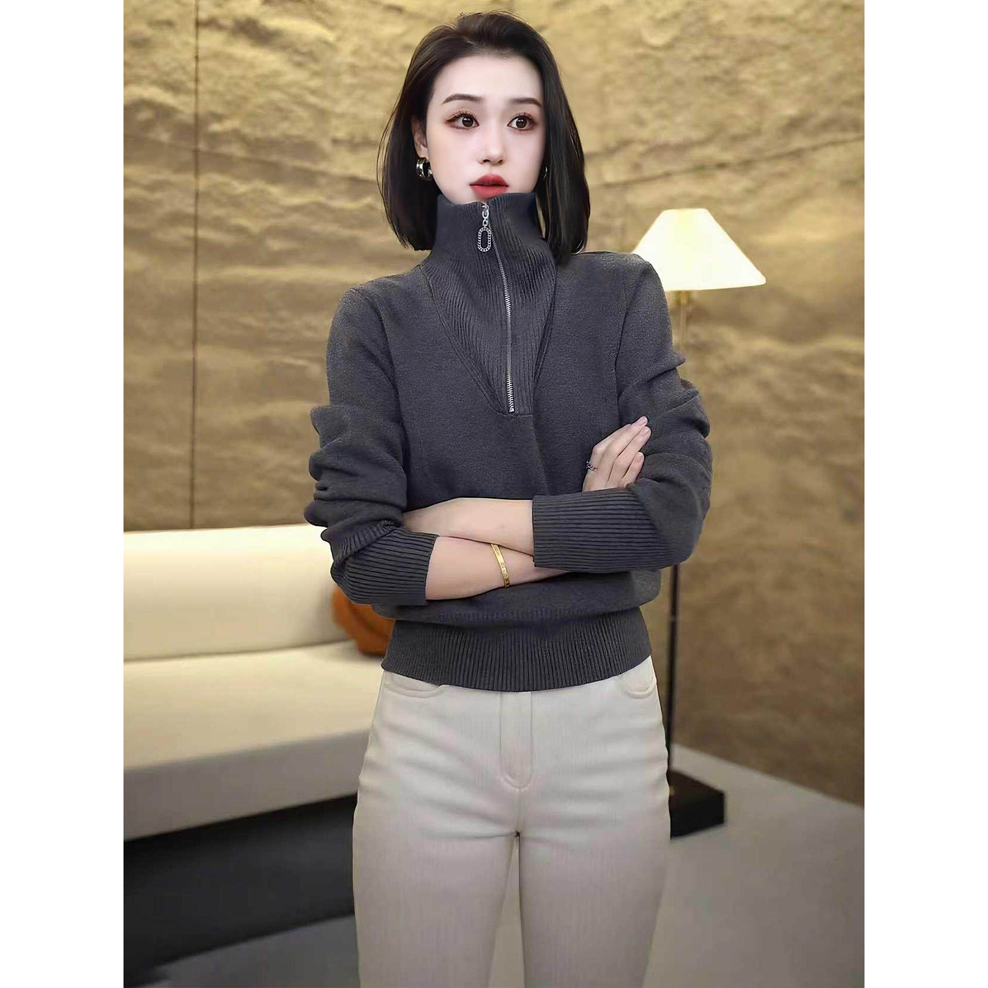 JOYIASS半拉炼纯色百搭女士针织衫秋冬新款气质韩版毛衣宽松长袖