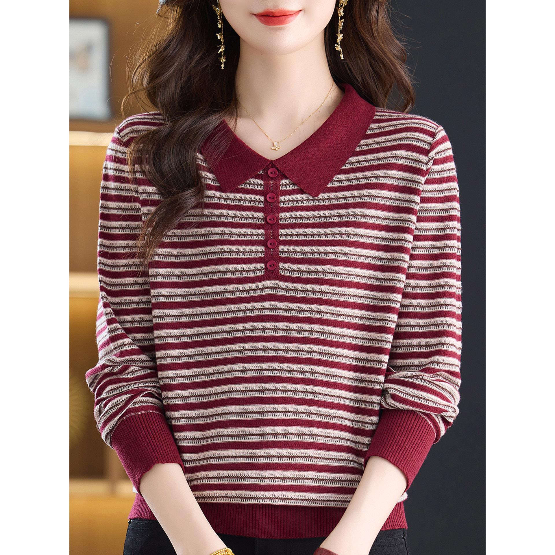 JOYIASS翻领条纹针织衫t恤女春秋季中老年妈妈装宽松大码衫薄款毛