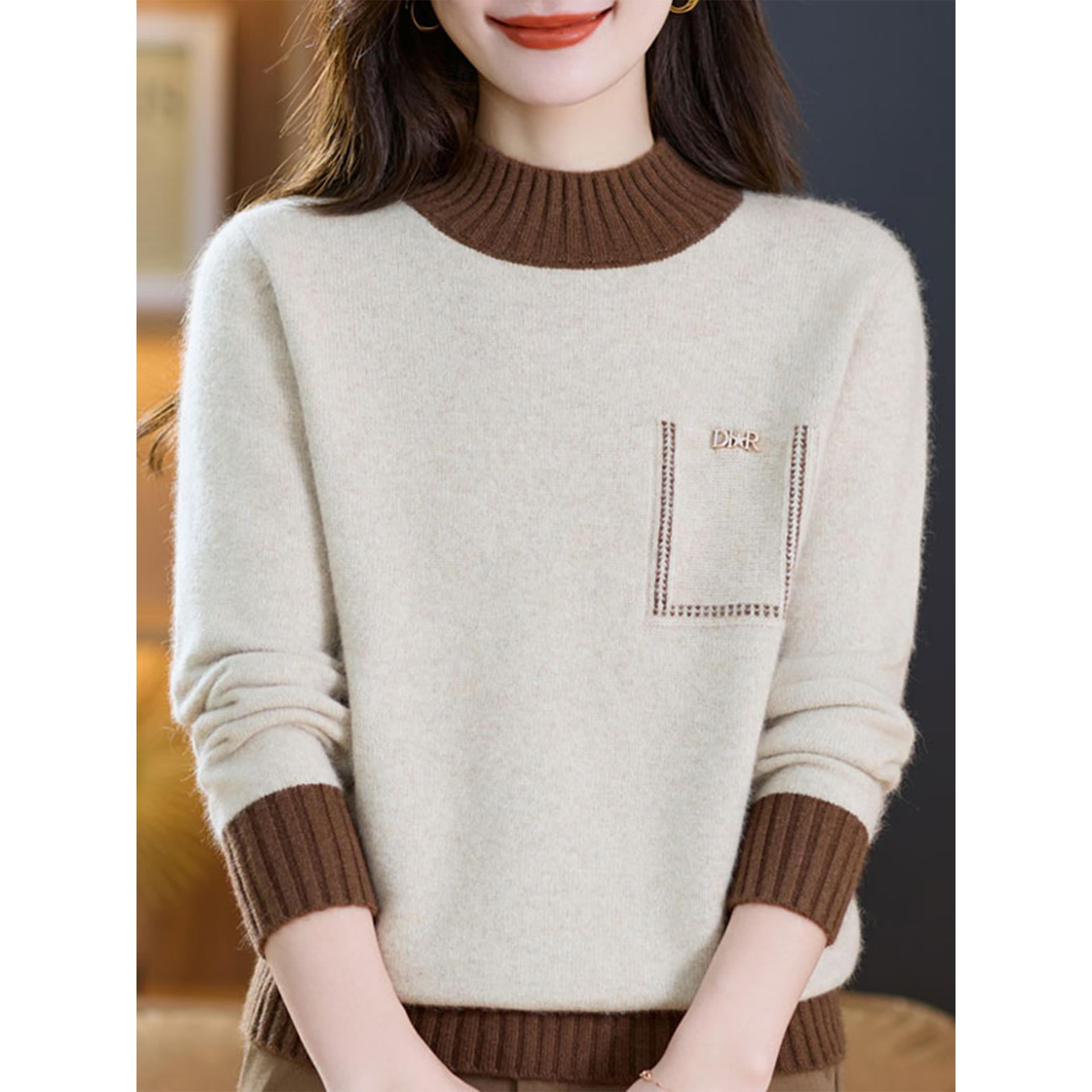 JOYIASS2025秋冬新款半高领撞色毛衣女秋冬加厚保暖针织衫宽松打