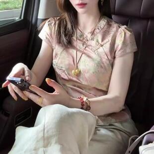 新款 RIERA改良版 國風(fēng)粉色印花T恤女2025年夏季 氣質(zhì)盤扣短袖 新中式