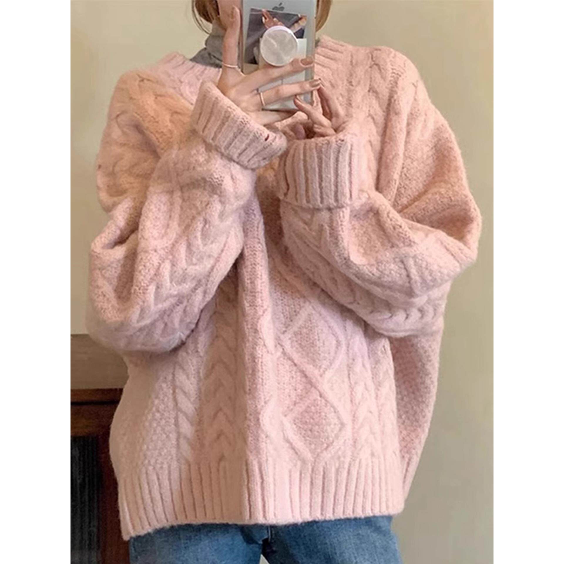 JOYIASS慵懒风粉色加厚麻花毛衣女秋冬季外穿套头针织打底衫内搭
