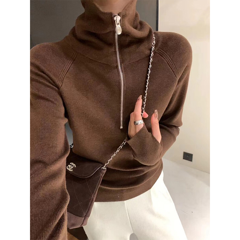 半拉炼 炼 高领内搭针织打底衫女冬季设计感修身显瘦翻领毛衣棕色