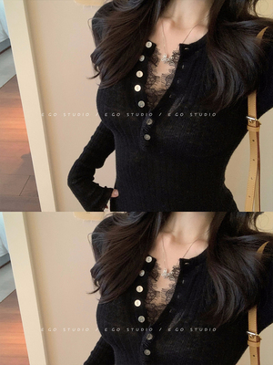 纯欲蕾丝v领黑色内搭打底衫女秋冬法式小香风修身显瘦针织衫上衣