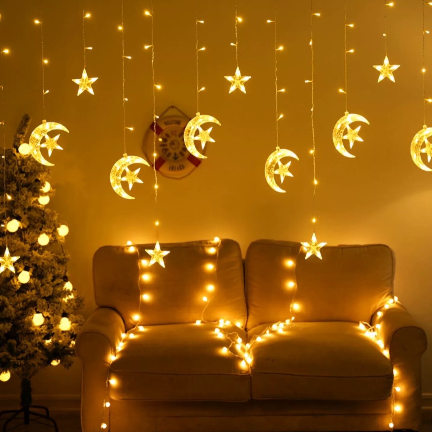 跨境窗帘LED星星露营装饰灯星报月灯帐篷满天星生日房间卧室场景