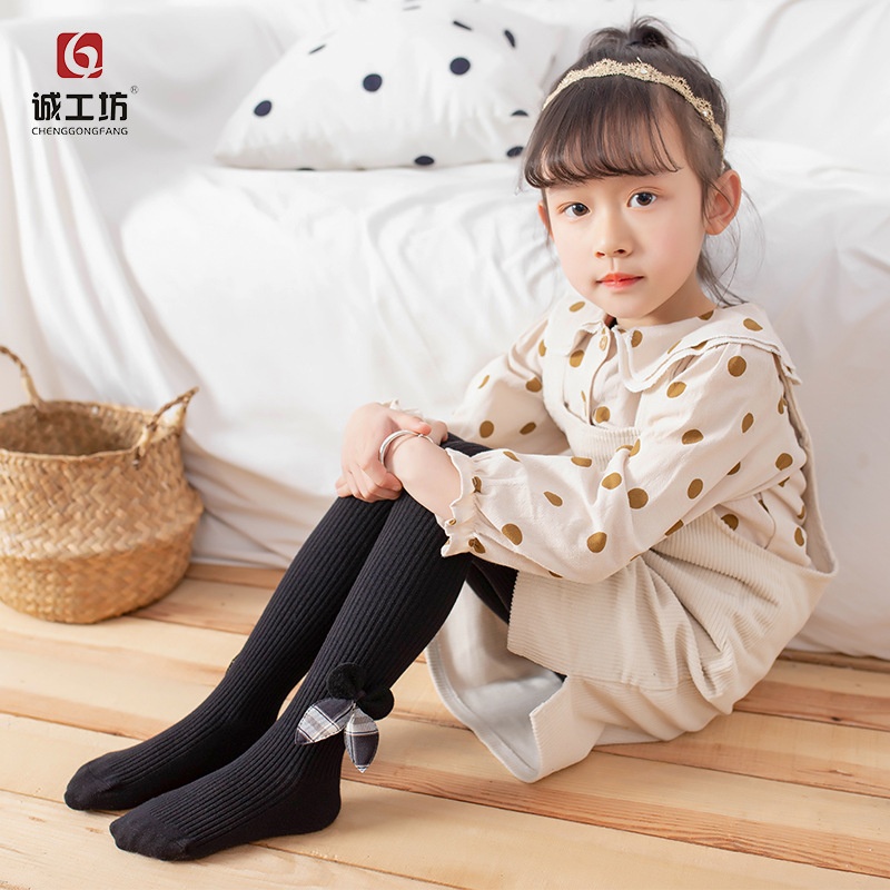 儿童春秋款韩版棉质女童飘带蝴蝶结连裤袜宝宝婴儿纯色可爱儿童袜