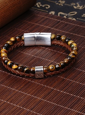 2023欧美跨境复古时尚男士潮流棕色天然虎石男女简约双层皮磁铁扣