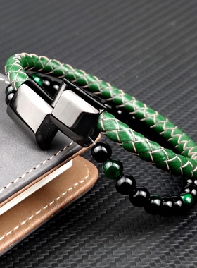 定制款时尚多层串珠绿色虎眼石皮革编织不锈钢磁铁男士多层手链
