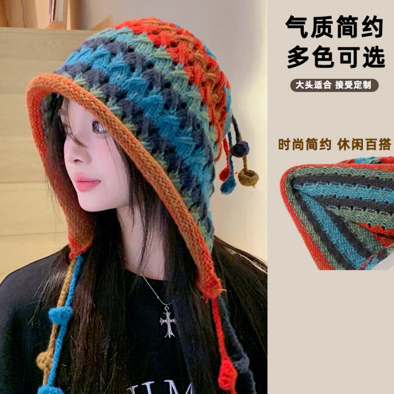 日系小众手工针织帽韩国彩色流苏毛球挂绳毛线帽网红护耳保暖帽子高性价比高么？