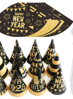 Happy New Year Paper Hat Glitter Black Gold New Year Conical