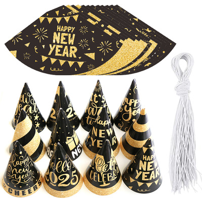 Happy New Year Paper Hat Glitter Black Gold New Year Conical