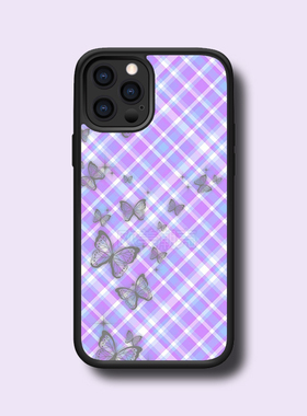 复古紫色格纹蝴蝶16plus/15promax保护套12背板珠光细闪金属贴片14pro酷xs/xsmax/13/11promax