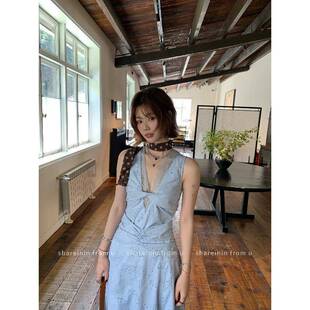 《壹零零叁》shareinin 重工!!雾蓝岛屿 仿绣花镂空印花 蕾丝收腰