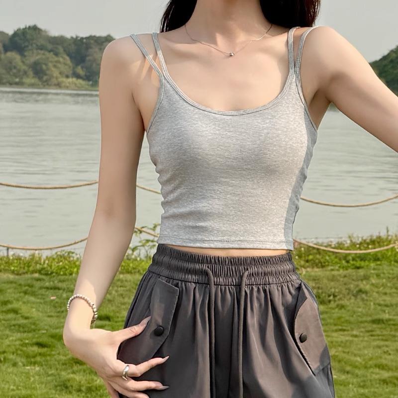 灰色带胸垫吊带背心女内搭夏季文胸一体美背内衣外穿打底无袖上衣