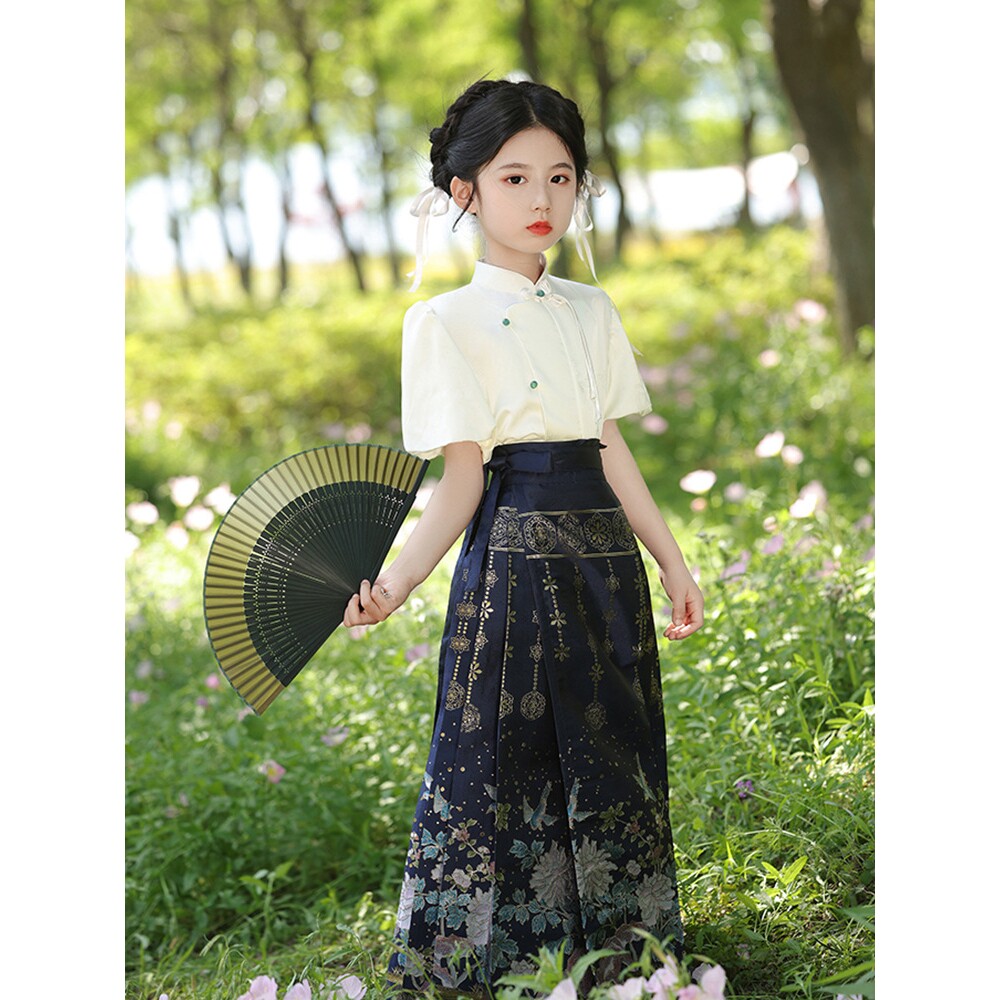 2026新款新中式女童马面裙套装蓝色国风泡泡袖唐装半身裙汉服