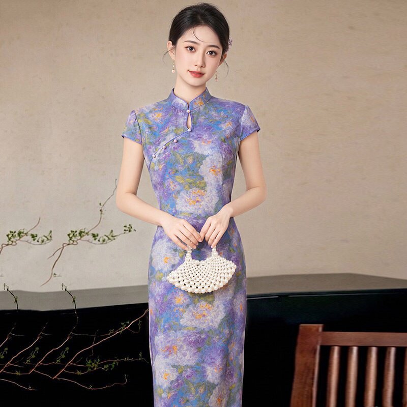 2026新款紫色日常国风新中式苏州长款旗袍改良年轻款女感夏季