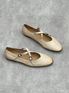 2025新款文艺手工真皮时尚百搭皮鞋女春交叉扣气质平底软牛皮