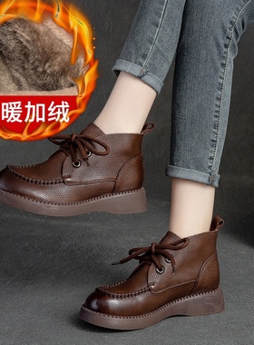 2025新款上海杰骤冬季厚底高帮圆头擦色复古棉靴厚底时尚系带