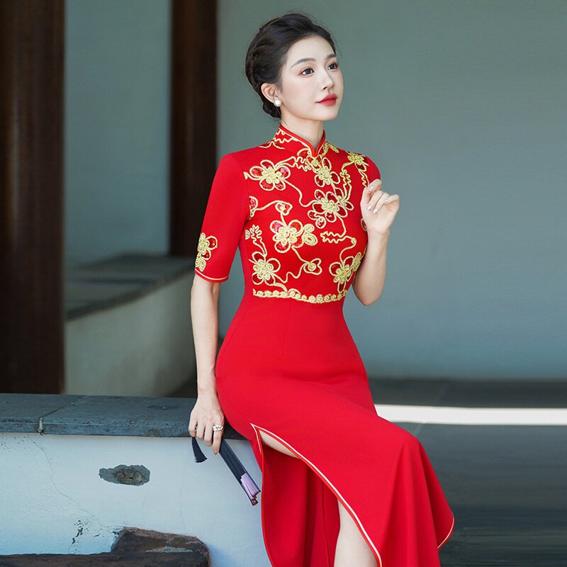 2026新款走秀旗袍长款中国红外嫁女回娘家服装高端舞台演出服中袖