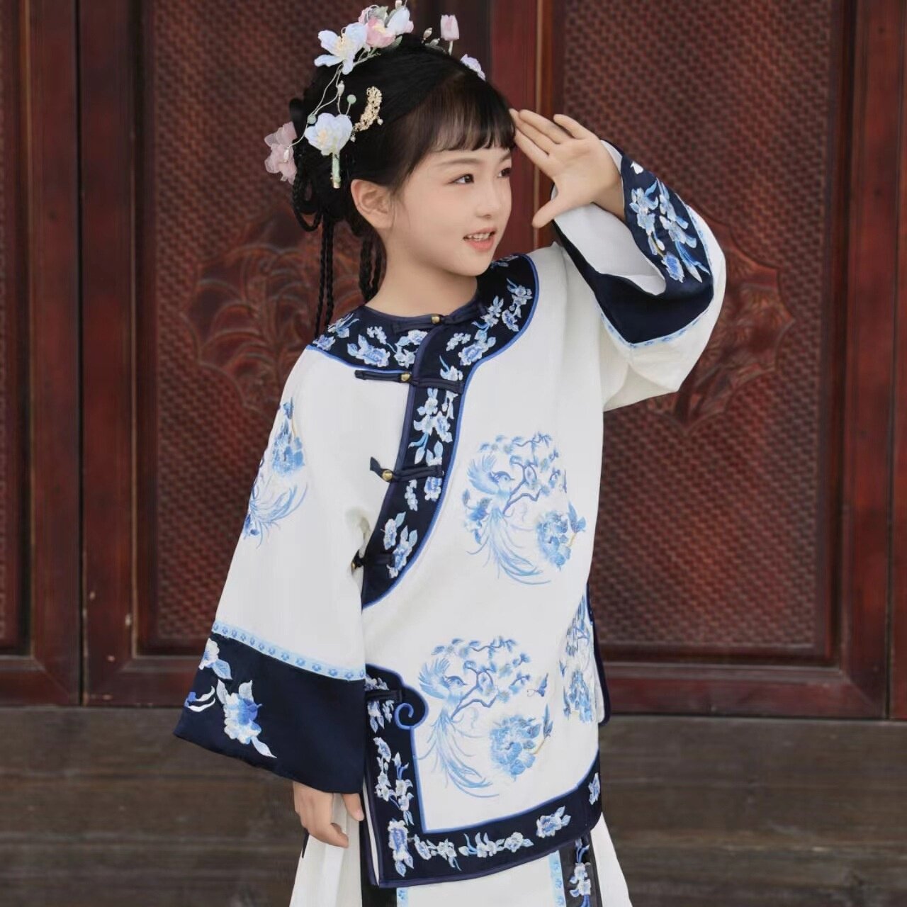2026新款儿童汉服女格格装夏季青花瓷重工花边刺绣套装萌国风中国