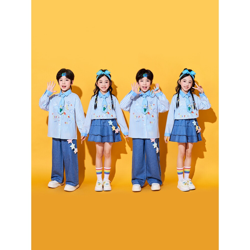 2026新款六一儿童演出服小学生运动会啦啦操衬衫牛仔班服表演幼儿