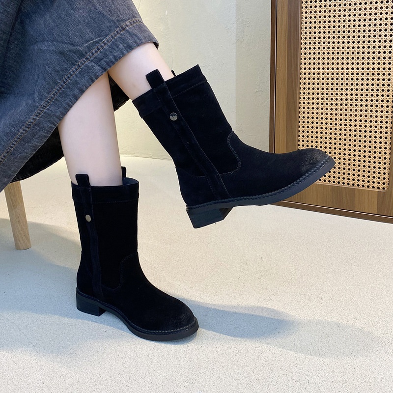 2025新款欧美时尚百搭真皮全皮套筒中筒靴女式皮靴中跟马丁靴