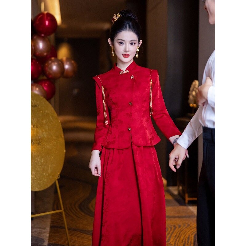 2026新款旗袍敬酒服礼服秋冬季红色新中式两件套结婚订婚礼服裙女