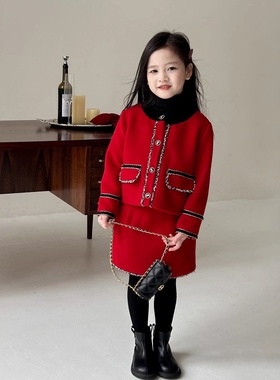 2025新款图图小象冬季新年装儿童女宝小香风套装宝宝短裙洋气