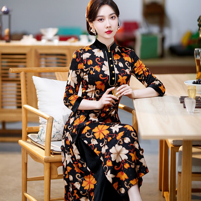 2026新款时尚改良复古修身显瘦满印花日常长款旗袍连衣裙礼服