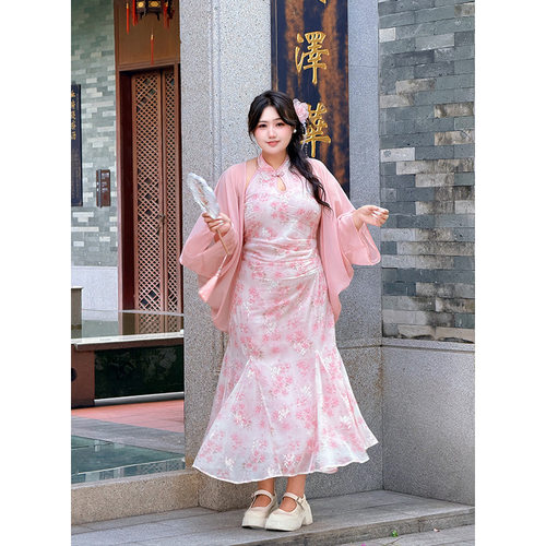 2026新款63308胖MM雪纺改良旗袍两件套女春季刺绣大码套装