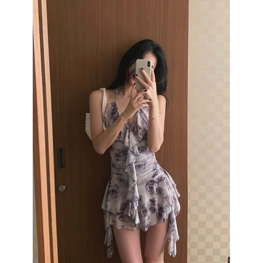 2026新款韩版连体泳衣女款裙式性感晕染遮肉小胸聚拢挂脖泡温泉泳