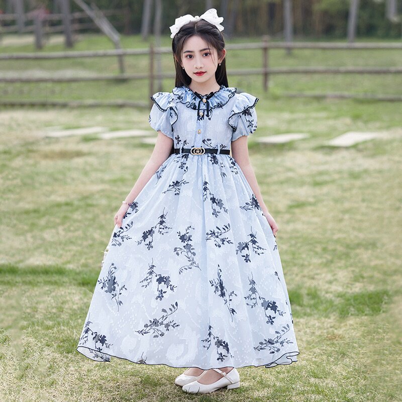 2026新款女宝宝裙子夏季女童泡泡袖公主裙洋气短袖长款雪纺连衣裙