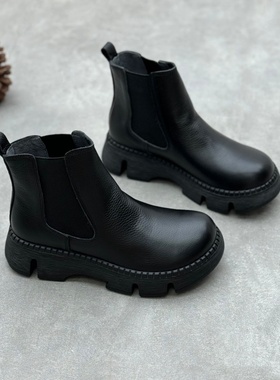 2025新款手工厚底真皮短靴女秋冬圆头松糕底套脚牛皮烟管切尔