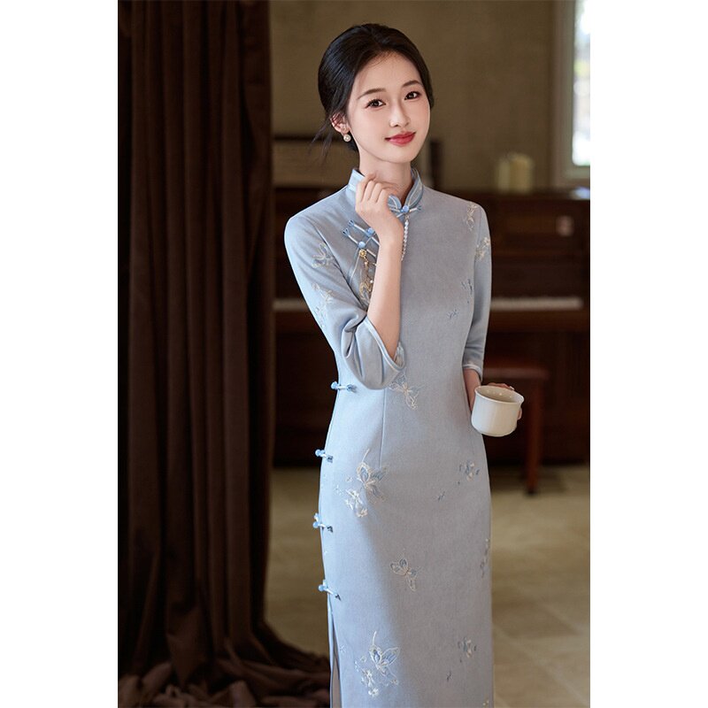 2026新款蓝色超好看的旗袍高端大气上档次秋款长袖独特绝美中