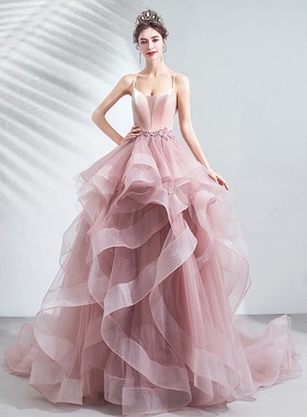 2025新款粉色晚礼服新娘结婚敬酒服吊带年会艺考拖尾连衣裙秋