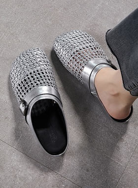2025新款超火银色包头凉拖鞋女夏外穿平底半拖鞋感透气高