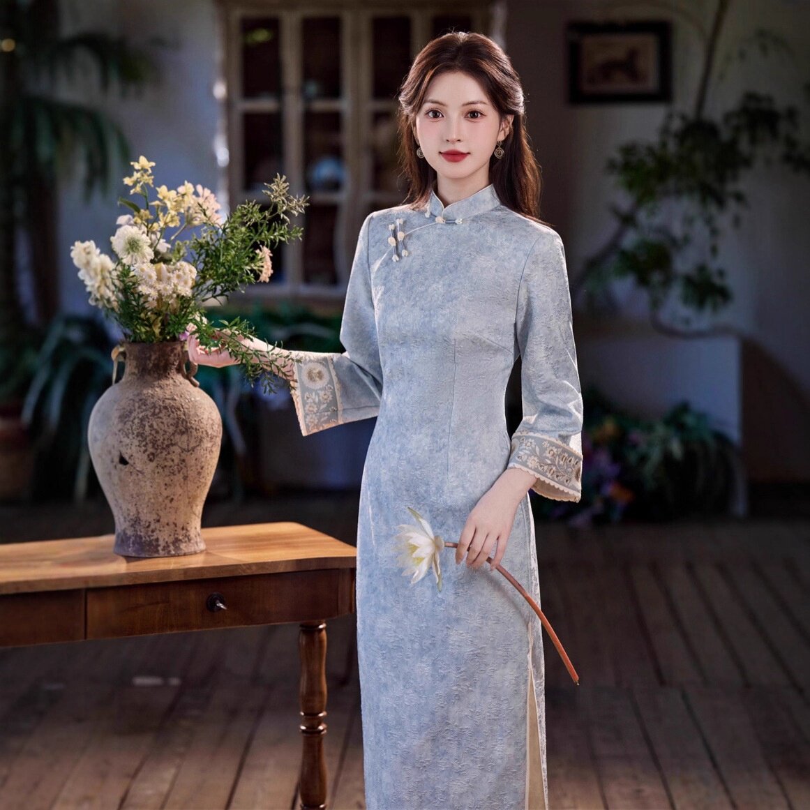 2026新款秋季提花复合长款旗袍倒大袖重工刺绣袖民国风改良女旗袍