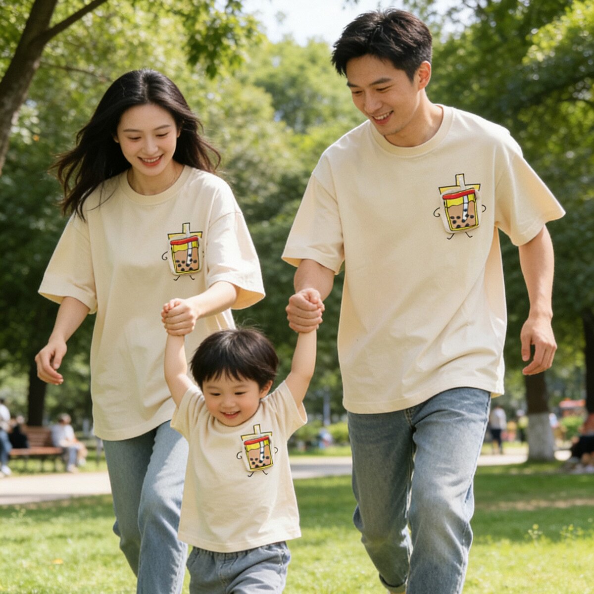 2026新款亲子装夏装一家三口珍珠奶茶短袖t恤婴儿连体衣中小童高