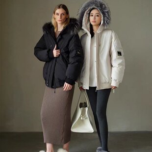 白色工装冲锋衣羽绒棉服女2025冬季新款韩系好看大毛领连帽派克服